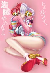 Rule 34 | 1girl, absurdres, artist request, ass, bare legs, breasts, dress, headphones, highres, jacket, large breasts, long hair, looking at viewer, multicolored hair, one piece, one piece film: red, panties, pink background, pink hair, red hair, shiny skin, sitting, smile, translation request, two-tone hair, underwear, uta (one piece), very long hair, white panties