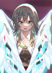 Rule 34 | 1girl, 1oon s, angel wings, aoi erika, aqua eyes, breasts, brown hair, brown vest, commentary, heaven burns red, highres, looking at viewer, medium breasts, medium hair, open mouth, purple background, shirt, solo, teeth, upper body, upper teeth only, v-shaped eyebrows, vest, white shirt, white wings, wings