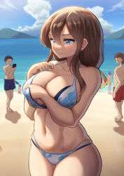 Rule 34 | 1girl, beach, bikini, blue eyes, blue one-piece swimsuit, blue sky, blurry, blush, breasts, brown hair, cleavage, closed mouth, collarbone, cowboy shot, depth of field, embarrassed, female focus, flower print, hair ornament, hairband, holding, large breasts, legs together, long hair, maku ro, midriff, mole, mole on breast, navel, one-piece swimsuit, original, outdoors, sky, standing, swimsuit, thighs, umbrella, water, yellow hairband