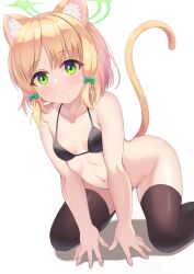 Rule 34 | 1girl, :&lt;, animal ear fluff, animal ears, arched back, bare arms, bikini, bikini top only, black bikini, black thighhighs, blonde hair, blue archive, bottomless, bow, breasts, cat ears, cat girl, cat tail, collarbone, expressionless, eyelashes, feet out of frame, green bow, green eyes, hair bow, halo, highres, kemonomimi mode, kneeling, leaning forward, looking at viewer, midori (blue archive), navel, shadow, short hair, small breasts, solo, sonao, string bikini, swimsuit, tail, tail raised, thighhighs, white background