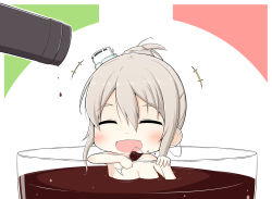 Rule 34 | 10s, 1girl, ^ ^, alcohol, bathing, blush, bottle, chibi, closed eyes, commentary, cup, drinking glass, goma (yoku yatta hou jane), grey hair, hair between eyes, hair ornament, hair up, in container, in cup, italian flag, kantai collection, nude, partially submerged, pola (kancolle), sidelocks, solo, upper body, wine, wine bottle, wine glass