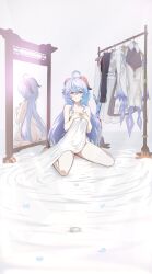 Rule 34 | 1girl, absurdres, ahoge, ass, bed sheet, blue hair, blue petals, breasts, clothes hanger, clothes pin, clothes rack, commentary, covering privates, dress, full body, ganyu (genshin impact), genshin impact, goat horns, hair between eyes, hands up, highres, horns, kokuusinsin, light, long hair, looking at viewer, medium breasts, mirror, naked sheet, nude, nude cover, on floor, purple eyes, reflection, sheet grab, sidelocks, sitting, smile, solo, unworn dress, vision (genshin impact), wariza, white background