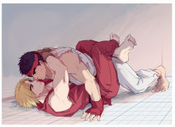 Rule 34 | 2boys, alternate skin color, bara, bare shoulders, barefoot, between thighs, capcom, couple, crossed legs, dougi, eye contact, full body, grin, headband, imminent kiss, ken masters, leg lock, looking at another, male focus, multiple boys, muscular, muscular male, on person, pants, red pants, red shirt, ryu (street fighter), shirt, short hair, sleeveless, smile, street fighter, white pants, yaoi, yuiofire