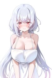 1girl absurdres blush breasts cleavage commentary dress english_commentary grey_hair highres large_breasts long_hair looking_at_viewer mole mole_on_breast original red_eyes simple_background solo white_background white_dress yampa