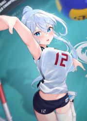 Rule 34 | 1girl, absurdres, ball, bare arms, black shorts, blue eyes, breasts, commentary request, from above, highres, jumping, large breasts, leg up, long hair, looking at viewer, midriff, navel, number print, original, playing sports, ponytail, shadow, shirt, short shorts, shorts, single thighhigh, sleeveless, sleeveless shirt, solo, sportswear, sweat, thighhighs, vegetablenabe, volleyball, volleyball (object), volleyball uniform, white hair, white shirt, white thighhighs