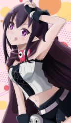 Rule 34 | 1girl, :p, absurdres, armpits, belt, black hair, cape, cloak, fingerless gloves, gloves, guri, hand on own head, highres, hood, hooded cloak, looking at viewer, midriff, navel, noga, pointy ears, purple eyes, renai boukun, short hair with long locks, shorts, skull, solo, strapless, tehepero, tongue, tongue out, torn clothes, tube top