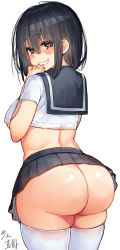 Rule 34 | 1girl, artist name, ass, black hair, black skirt, blue eyes, blush, breasts, crop top, curvy, from behind, hair between eyes, hand up, heart, heart-shaped pupils, huge ass, kawakami masaki, long hair, looking at viewer, looking back, medium breasts, microskirt, no panties, open mouth, original, pleated skirt, plump, school uniform, serafuku, short sleeves, sidelocks, signature, simple background, skirt, smile, solo, symbol-shaped pupils, thick thighs, thighhighs, thighs, underboob, undersized clothes, white background, white thighhighs, wide hips