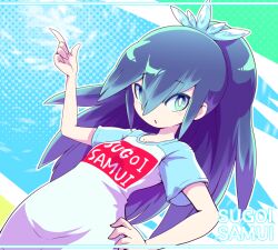 Rule 34 | 1girl, aqua eyes, breasts, clothes writing, fubukihime, hand on own hip, high ponytail, long hair, looking at viewer, meme attire, multicolored hair, nollety, open mouth, purple hair, raglan sleeves, romaji text, small breasts, solo, sugoi dekai, two-tone hair, youkai (youkai watch), youkai watch