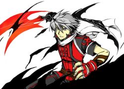 Rule 34 | 1boy, angry, feel, fingerless gloves, gloves, grey eyes, grey hair, male focus, over zenith, scarf, short sleeves, solo, sword, weapon