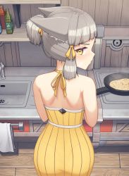 Rule 34 | 1girl, alten, alternate hairstyle, animal ears, ass, back, back focus, cat ears, cooking, dress, facial mark, from behind, frying pan, grey hair, hair ribbon, highres, kitchen, looking at viewer, looking back, nia (fancy sundress) (xenoblade), nia (xenoblade), official alternate costume, ponytail, ribbon, short hair, short ponytail, sink, solo, stove, xenoblade chronicles (series), xenoblade chronicles 2, yellow eyes