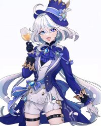 Rule 34 | 1girl, black gloves, blue eyes, blue hair, blue jacket, cup, furina (genshin impact), genshin impact, glass, gloves, hair between eyes, hat, heterochromia, holding, holding cup, jacket, jewelry, long hair, long sleeves, looking at viewer, multicolored hair, open mouth, otakunocamp, shorts, smile, solo, streaked hair, top hat, white background, white gloves, white hair, white shorts