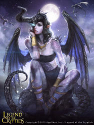 Rule 34 | 10s, 1girl, 2013, bare shoulders, black hair, black nails, colored skin, copyright name, dated, dragon, dragon tail, highres, horns, jewelry, kazuhiro oya, legend of the cryptids, moon, nail polish, necklace, night, night sky, one eye covered, pointy ears, purple skin, rock, sitting, sitting on rock, sky, solo, spikes, tail, tattoo, water, wings