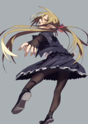 Rule 34 | 1girl, absurdres, back, black gloves, black pantyhose, blonde hair, blue background, fang, flower, fu-ta, gloves, highres, looking at viewer, mary janes, open mouth, pantyhose, pointy ears, red eyes, shoes, simple background, skirt, solo, twintails