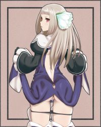 Rule 34 | 1girl, anus, ass, back cutout, black panties, blonde hair, blunt bangs, bravely default: flying fairy, bravely default (series), bravely second: end layer, censored, cleft of venus, clothes lift, clothing cutout, cowboy shot, dress, dress lift, flower, from behind, hair flower, hair ornament, highres, hou (hachiyou), long hair, looking back, magnolia arch, panties, panty pull, pussy, pussy juice, red eyes, simple background, solo, underwear