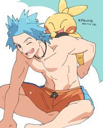 Rule 34 | 1boy, barefoot, blue hair, blush, brawly (pokemon), commentary request, creatures (company), dated, game freak, gen 3 pokemon, gym leader, leaning forward, looking at viewer, makuhita, male focus, nibo (att 130), nintendo, one eye closed, open mouth, pokemon, pokemon (creature), pokemon on back, pokemon oras, shorts, smile, teeth, tongue, topless male, translation request