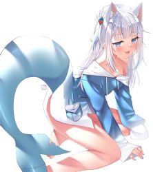 Rule 34 | 1girl, absurdres, animal ear fluff, animal ears, barefoot, blue eyes, blue hair, blue hoodie, blue nails, cat ears, collarbone, fins, fish tail, gawr gura, gawr gura (1st costume), hair ornament, highres, hololive, hololive english, hood, hoodie, kneeling, long sleeves, looking at viewer, multicolored hair, nail polish, off shoulder, pocket, shark tail, simple background, single bare shoulder, smile, solo, streaked hair, tail, tongue, tongue out, two side up, virtual youtuber, vitaminechan, white background, white hair