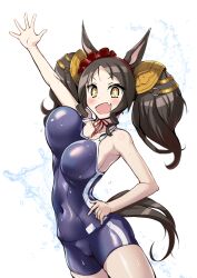 Rule 34 | + +, 1girl, :d, aegis (nerocc), animal ears, blue one-piece swimsuit, blush, blush stickers, bouncing breasts, bow hairband, breasts, brown hair, choker, clothing cutout, competition school swimsuit, covered navel, cowboy shot, fangs, hairband, hand up, headgear, highres, horse ears, horse girl, horse tail, large breasts, looking at viewer, marvelous sunday (umamusume), one-piece swimsuit, open mouth, red choker, red hairband, red ribbon, ribbon, ribbon choker, school swimsuit, shortstack, single vertical stripe, skin fangs, smile, solo, swimsuit, tail, tail through clothes, tracen swimsuit, umamusume, unaligned breasts, waving, yellow eyes