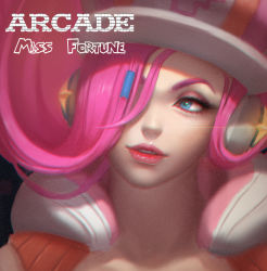 Rule 34 | 1girl, alternate costume, arcade miss fortune, blue eyes, breasts, cjh123456, cleavage, hat, headphones, league of legends, pink hair, miss fortune (league of legends), simple background, solo