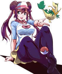 Rule 34 | 1girl, :d, arm support, blue eyes, blue sleeves, breasts, brown hair, collarbone, commentary request, creatures (company), double bun, full body, game freak, gen 5 pokemon, hair bun, hand up, hat, highres, index finger raised, kamisimo 90, long hair, looking at viewer, medium breasts, nintendo, open mouth, outstretched arm, pantyhose, pantyhose under shorts, poke ball, poke ball (basic), poke ball print, pokemon, pokemon (creature), pokemon bw2, print shirt, purple pantyhose, raglan sleeves, rosa (pokemon), servine, shirt, shorts, sidelocks, sitting, smile, soles, solo, teeth, thighband pantyhose, thighs, twintails, upper teeth only, visor cap, white background, yellow shorts