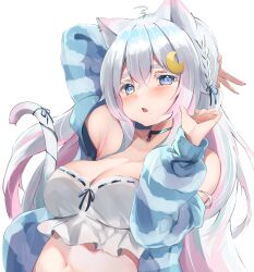Rule 34 | 1girl, absurdres, ahoge, animal ear piercing, animal ears, arm up, armpits, blue choker, blue eyes, blue jacket, blue ribbon, blush, braid, breasts, cat ears, cat tail, choker, cleavage, commentary request, cropped shirt, grey hair, hair ribbon, hand up, highres, jacket, large breasts, long sleeves, looking at viewer, midriff, mihasu, mole, mole under mouth, nekono yukino, off shoulder, open mouth, re:act, ribbon, shirt, solo, tail, thick eyebrows, transparent background, upper body, v, virtual youtuber, white hair, white shirt