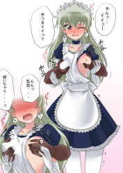 Rule 34 | 1boy, 1girl, absurdres, anchovy (girls und panzer), apron, blush, breasts, brown eyes, disembodied limb, elbow gloves, girls und panzer, gloves, grabbing, grabbing another&#039;s breast, grabbing from behind, green hair, groping, highres, long hair, maid, maid apron, maid headdress, medium breasts, multiple views, nipples, one eye closed, open mouth, solo focus, translation request, wakku kan