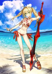Rule 34 | 1girl, ahoge, armpits, beach, bikini, blonde hair, blush, breasts, caster (nero claudius), cleavage, day, earrings, fate/grand order, fate (series), feet, gluteal fold, green eyes, hair intakes, jewelry, large breasts, long hair, looking at viewer, navel, nero claudius (fate), nero claudius (fate) (all), nero claudius (swimsuit caster) (fate), ocean, official art, outdoors, red bikini, sandals, shadow, side-tie bikini bottom, sky, smile, solo, striped bikini, striped clothes, swimsuit, sword, toes, tree shade, twintails, underboob, wada arco, water, weapon
