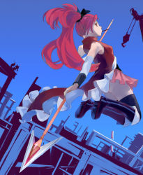 Rule 34 | 10s, 1girl, ado (adonki), bare shoulders, black thighhighs, boots, detached sleeves, dutch angle, female focus, food, highres, jumping, mahou shoujo madoka magica, mahou shoujo madoka magica (anime), mouth hold, outdoors, pocky, polearm, ponytail, profile, red eyes, red hair, sakura kyoko, sky, solo, spear, thighhighs, weapon