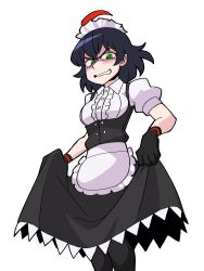 Rule 34 | 1girl, black gloves, black hair, blush, clothes lift, commentary, commission, eddybird55555, english commentary, gloves, green eyes, hat, highres, lifting own clothes, looking at viewer, maid, original, parody, ringed eyes, short hair, short sleeves, simple background, solo, style parody, v-shaped eyebrows, vanripper (style), white background
