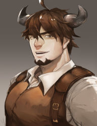 Rule 34 | 1boy, arbbun, backpack, bag, bara, barawa, collared shirt, commentary request, draph, granblue fantasy, highres, horns, large pectorals, leather, male focus, mature male, muscular, muscular male, pectorals, portrait, shirt, short hair, smile, solo, upper body