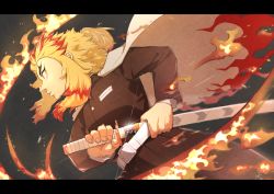 Rule 34 | 1boy, absurdres, belt, blonde hair, fingernails, fire, forked eyebrows, glint, highres, holding, holding sheath, holding sword, holding weapon, huge filesize, katana, kimetsu no yaiba, letterboxed, male focus, multicolored hair, norikoi, parted lips, red hair, rengoku kyoujurou, scabbard, sheath, signature, solo, sword, unsheathed, weapon, white belt, yellow eyes
