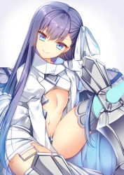 Rule 34 | 1girl, agekichi (heart shape), armor, armored boots, bad id, bad pixiv id, blue eyes, boots, fate/grand order, fate (series), hair ribbon, juliet sleeves, long hair, long sleeves, looking at viewer, meltryllis (fate), meltryllis (third ascension) (fate), navel, puffy sleeves, purple hair, ribbon, simple background, sitting, smile, solo