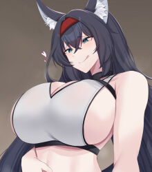 Rule 34 | 1girl, :q, absurdres, animal ear fluff, animal ears, arknights, bare shoulders, black hair, blaze (arknights), blue eyes, breasts, cat ears, commentary, crop top, hair between eyes, hairband, highres, huge breasts, kanta (kanta 077), long hair, midriff, red hairband, smile, solo, stomach, tank top, tongue, tongue out, upper body, very long hair, white tank top
