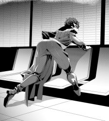 Rule 34 | 10s, 1boy, amamiya ren, ass, cape, clothes, from behind, full body, jacket, looking at viewer, male focus, mask, monanko, monochrome, persona, persona 5, shoes, solo