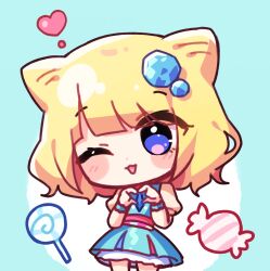Rule 34 | 1girl, ;d, big head, blonde hair, blue background, blue dress, blush stickers, candy, candy wrapper, chibi, dress, food, hair ornament, hands up, heart, heart hands, highres, lollipop, looking at viewer, minami mirei, one eye closed, open mouth, pretty series, pripara, pudding (skymint 028), puffy short sleeves, puffy sleeves, purple eyes, shirt, short sleeves, sleeveless, sleeveless dress, smile, solo, standing, swirl lollipop, two-tone background, white background, white shirt, wrist cuffs