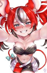 Rule 34 | 1girl, absurdres, animal ears, artist name, bare arms, bare shoulders, black bra, black collar, black hair, blue eyes, blush, bow, bra, breasts, breasts apart, bright pupils, bustier, cleavage, collar, collarbone, colored tips, dice hair ornament, dime-san, from above, grin, hair between eyes, hair ornament, hakos baelz, half-closed eyes, highres, hololive, hololive english, leaning forward, looking at viewer, medium breasts, midriff, miniskirt, mouse ears, mouse girl, mouse tail, mousetrap, multicolored clothes, multicolored hair, multicolored skirt, navel, reaching, reaching towards viewer, red hair, selfie, sharp teeth, unworn shirt, simple background, skirt, sleeveless, smile, spiked collar, spikes, streaked hair, tail, tail bow, tail ornament, teeth, twintails, underwear, virtual youtuber, white background, white hair
