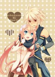 Rule 34 | 00s, 1boy, 1girl, blonde hair, blue eyes, blush, brown hair, character name, couple, emil castagnier, fang, hair ornament, kai aki, long hair, marta lualdi, red eyes, scarf, sepia background, short hair, smile, tales of (series), tales of symphonia, tales of symphonia: dawn of the new world