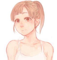 Rule 34 | 1girl, bare shoulders, brown eyes, brown hair, camisole, closed mouth, looking at viewer, original, ponytail, shu-mai, simple background, smile, solo, upper body, white background