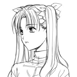 Rule 34 | 00s, 1girl, expressionless, fate/stay night, fate (series), greyscale, hair ribbon, lineart, long hair, magaki ryouta, monochrome, ribbon, simple background, solo, sweater, tohsaka rin, twintails, upper body, white background