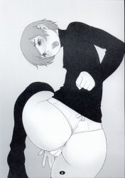 Rule 34 | 1boy, androgynous, anus, ass, blush, covered erect nipples, from behind, greyscale, highres, huge ass, looking back, male focus, monochrome, no pants, open mouth, original, panties, po-ju, scan, short hair, solo, testicles, thick thighs, thighhighs, thighs, turtleneck, underwear, wedgie, wide hips