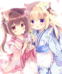 Rule 34 | 2girls, :d, :o, animal ear fluff, animal ears, apron, azumi kazuki, black bow, blonde hair, blue kimono, blush, bow, brown eyes, brown hair, cat ears, commentary request, cup, dango, disposable cup, floral print, food, frilled apron, frills, hair bow, hair intakes, hands up, highres, holding, holding cup, holding food, japanese clothes, kimono, long hair, long sleeves, looking at viewer, multiple girls, obi, one side up, open mouth, original, parted lips, paw pose, pink kimono, print kimono, purple eyes, sash, smile, twintails, wagashi, waist apron, white apron, wide sleeves