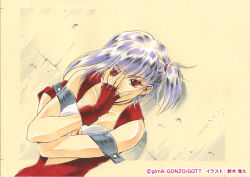 Rule 34 | 00s, 1girl, armlet, beige background, breasts, center opening, cleavage, collarbone, covering face, eclair (kiddy grade), episode23, eyecatch, fighting stance, kiddy grade, light purple hair, looking at viewer, non-web source, red eyes, short hair, simple background, sleeveless, solo, suzuki masahisa, twintails, yellow background