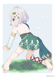 Rule 34 | 1girl, absurdres, barefoot, blush, feet, flower, foreshortening, hair flower, hair ornament, highres, kokkoro (princess connect!), looking at viewer, medium hair, pointy ears, princess connect!, purple eyes, silver hair, soles, toes