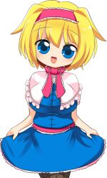 Rule 34 | 1girl, :d, alice margatroid, blonde hair, blue dress, blue eyes, blush, boots, bow, bowtie, breasts, brown footwear, capelet, commentary request, cookie (touhou), cowboy shot, cross-laced footwear, curtsey, dress, frilled bowtie, frilled capelet, frilled dress, frilled hairband, frilled sash, frills, hairband, ichigo (cookie), large breasts, lets0020, looking at viewer, medium bangs, open mouth, pink bow, pink bowtie, pink hairband, pink sash, sash, short hair, simple background, smile, solo, touhou, transparent background, white capelet