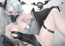 Rule 34 | 1girl, belt, choker, collarbone, demon girl, earrings, flying, grey eyes, grey hair, highres, hitowa, jacket, jewelry, long hair, looking at viewer, lying, mask, on side, one-piece swimsuit, original, pointy ears, skindentation, solo, spread legs, swimsuit, thigh strap