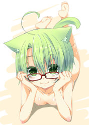 Rule 34 | 1girl, ahoge, animal ears, barefoot, cat ears, cat tail, colored eyelashes, dodome-iro mayonnaise, feet, flat chest, glasses, green eyes, green hair, looking at viewer, lying, matching hair/eyes, nipples, nude, on stomach, original, red-framed eyewear, sharon (dodomayo), short hair, smile, soles, solo, tail, toes