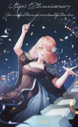 Rule 34 | 1girl, :d, absurdres, anniversary, arm up, conductor baton, black dress, blue jacket, bob cut, breasts, cleavage, confetti, cowboy shot, diamond (shape), dress, english text, flower, green pupils, hair behind ear, hair flower, hair ornament, hasu (selisa), heart, highres, holding, holding wand, jacket, jacket on shoulders, looking at viewer, mixed-language commentary, musical note, nanami haruka, open mouth, piano keys, pink hair, puffy short sleeves, puffy sleeves, short hair, short sleeves, sky, smile, solo, star (sky), star (symbol), starry sky, streamers, striped clothes, striped jacket, teeth, two-tone dress, upper teeth only, uta no prince-sama, wand, yellow eyes