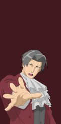 Rule 34 | 1boy, ace attorney, arm at side, ascot, buttons, capcom, coat, curtained hair, deviantjam, formal, grey eyes, grey hair, grey shirt, hair intakes, hand up, highres, long coat, long sleeves, looking at viewer, male focus, miles edgeworth, nose, open hand, open mouth, red background, red coat, red suit, serious, shirt, short hair, simple background, solo, standing, suit, teeth, tongue, upper body, wallpaper, white ascot