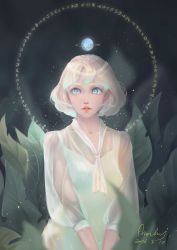 Rule 34 | 1girl, absurdres, blonde hair, blue eyes, dated, facing viewer, halo, highres, leaf, mochy, planet, see-through, short hair, sideways glance, signature, solo, upper body