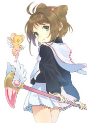 Rule 34 | 1990s (style), 1girl, :3, arms behind back, brown hair, cardcaptor sakura, child, from behind, fuuin no tsue, green eyes, hair bobbles, hair ornament, kero (cardcaptor sakura), kinomoto sakura, long sleeves, looking back, md5 mismatch, perspective, retro artstyle, simple background, skirt, smile, t-okada, twintails, two side up, wand, white background