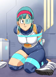 Rule 34 | 1girl, absurdres, arms behind back, barefoot, bdsm, bondage, bound, bound ankles, bound arms, bound legs, bound wrists, breasts, bulma, dragon ball, dragonball z, hairband, highres, legs, lost one zero, medium breasts, saiyan armor, scouter, shoes, unworn shoes, tape, tape bondage, thighs